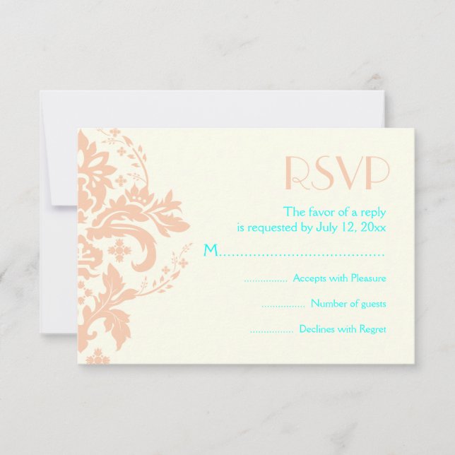 Damask peach, aqua, ivory wedding RSVP reply card (Front)