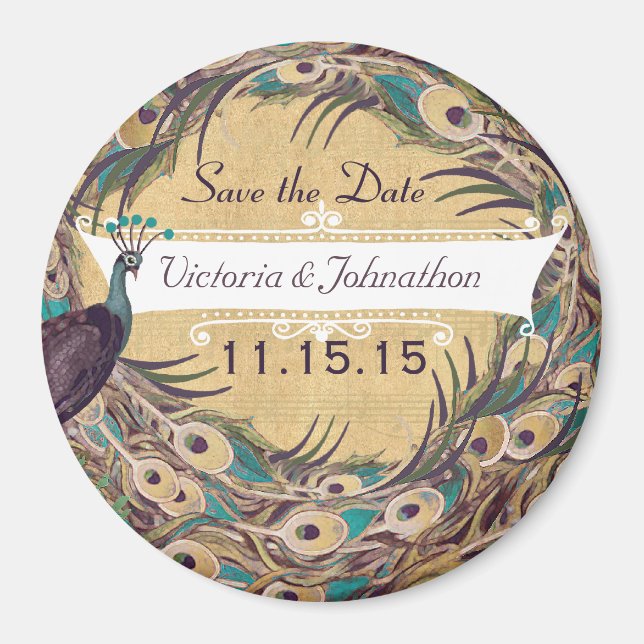 Damask Peacock Eggplant Aqua Save the Date Magnets (Front)