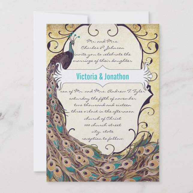 Damask Peacock Elegance Eggplant Gold and Aqua Invitation (Front)