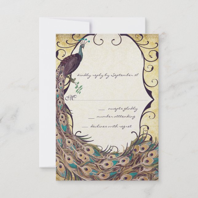 Damask Peacock Elegance Eggplant Gold and Aqua RSVP Card (Front)