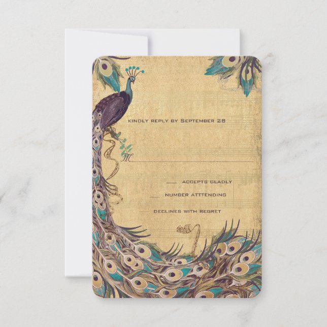Damask Peacock Elegance Eggplant Gold and Aqua RSVP Card (Front)