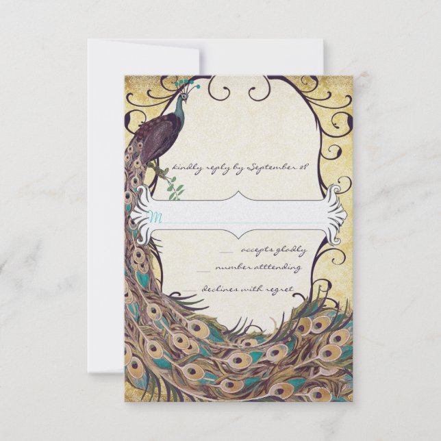 Damask Peacock Elegance Eggplant Gold and Aqua RSVP Card (Front)