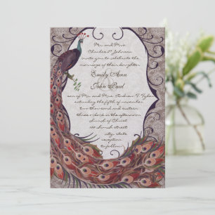 Damask Peacock Elegance Eggplant Red and Teal Invitation