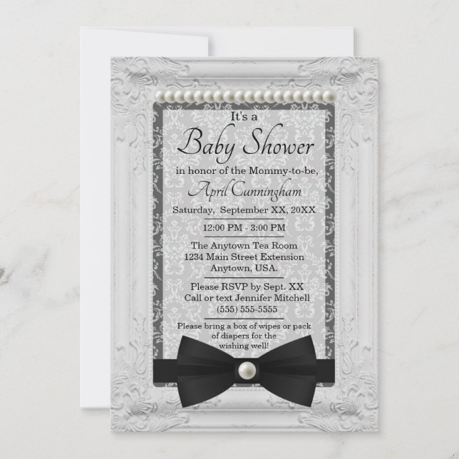Damask Pearls and Bow Tie Baby Shower Invitation (Front)