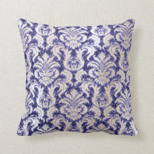 Damask  Pearly Ivory Glitter Blue Navy Indigo Lux Cushion