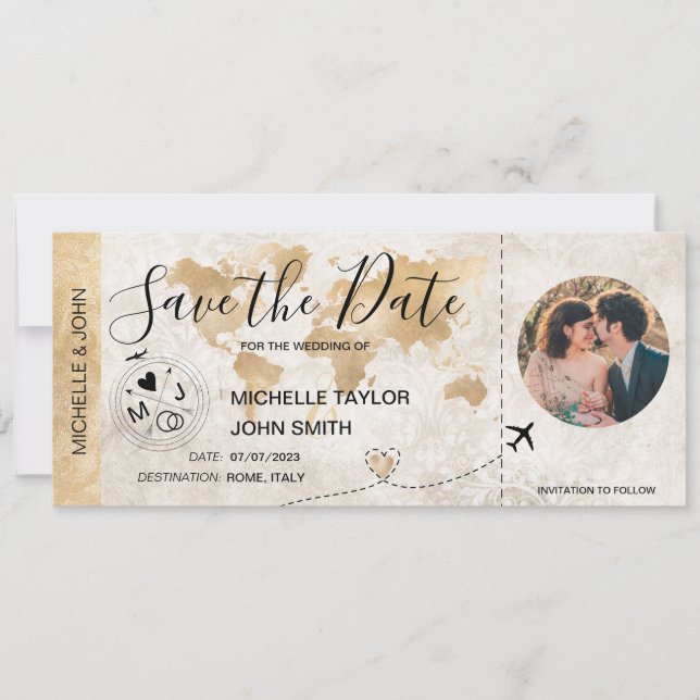 Damask Photo Save the Date Boarding Pass World Map Invitation (Front)