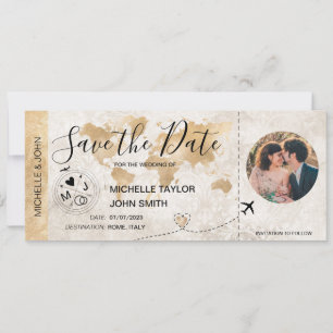 Damask Photo Save the Date Boarding Pass World Map Invitation