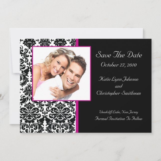Damask Photo Save The Date HOT PINK Announcement (Front)
