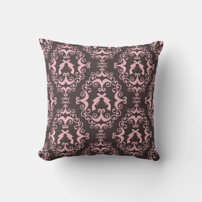 Damask pink black guns grunge western pistols chic cushion (Front)