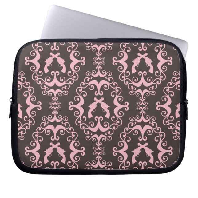 Damask pink black guns grunge western pistols chic laptop sleeve (Front)