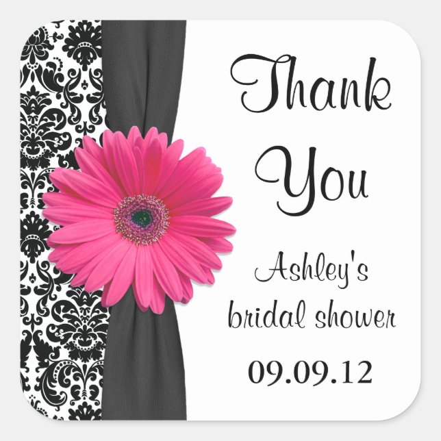 Damask Pink Daisy Wedding Bridal Shower Thank You Square Sticker (Front)