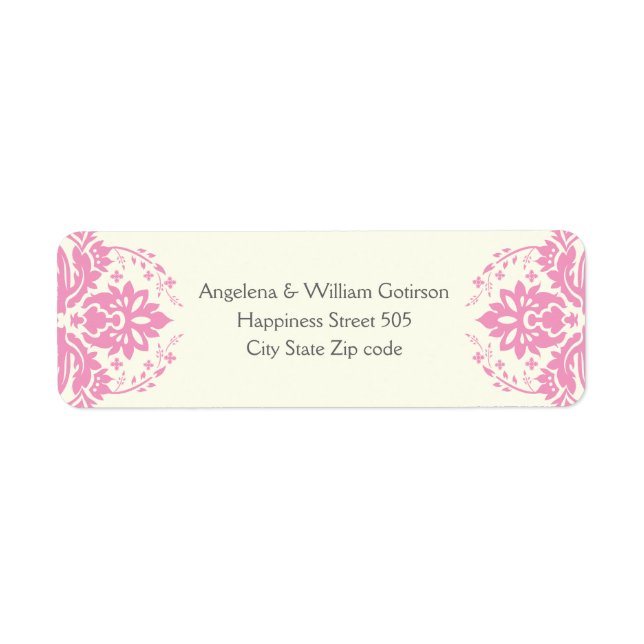 Damask pink, grey, ivory wedding return address label (Front)