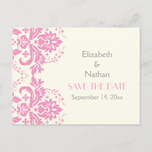 Damask pink, grey, ivory wedding Save the Date Announcement Postcard (Front)