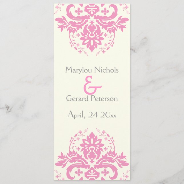 Damask pink, grey wedding ceremony program (Front)