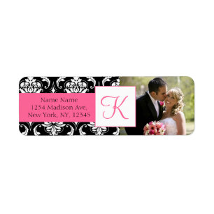 Damask Pink Monogram Photo Wedding Address Labels
