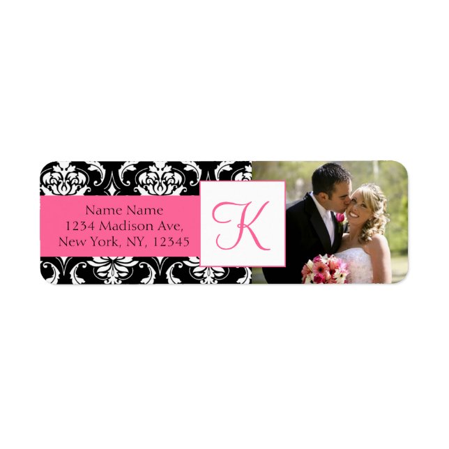 Damask Pink Monogram Photo Wedding Address Labels (Front)