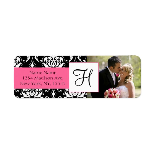 Damask Pink Monogram Photo Wedding Address Labels (Front)