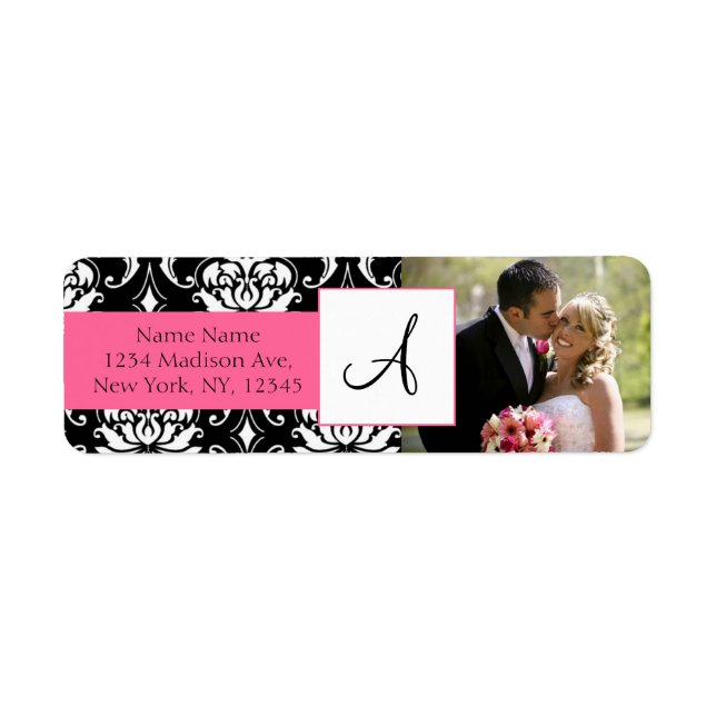 Damask Pink Monogram Photo Wedding Address Labels (Front)