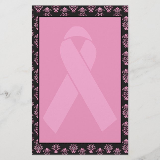 Damask Pink Ribbon Unlined Stationery (Front)
