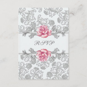 Damask Pink Rose Girls First Communion RSVP Card