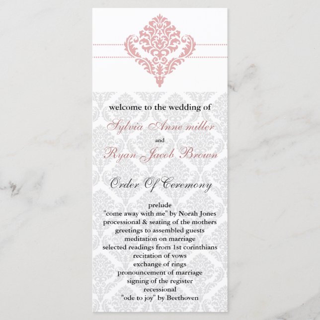damask  pink Wedding program (Front)