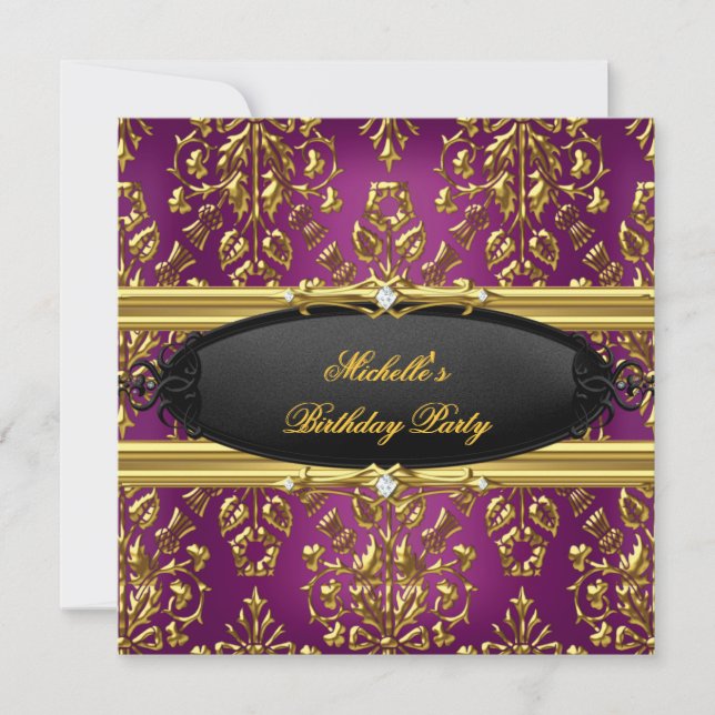 Damask Plum Birthday Party Gold Black Diamond Invitation (Front)