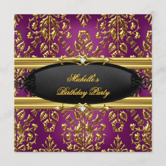 Damask Plum Birthday Party Gold Black Diamond Invitation