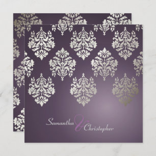 Damask/plum/faux silver wedding invitations