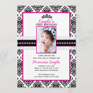 Damask Princess Photo Birthday Invitations 5X7
