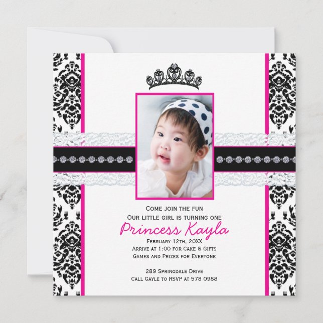 Damask Princess Photo Birthday Invitations 5X7 (Front)