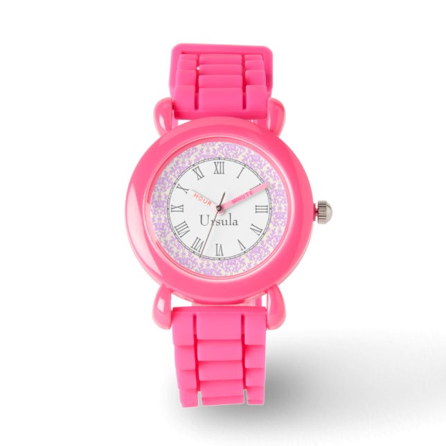 Damask print pink name wrist watch (Front)