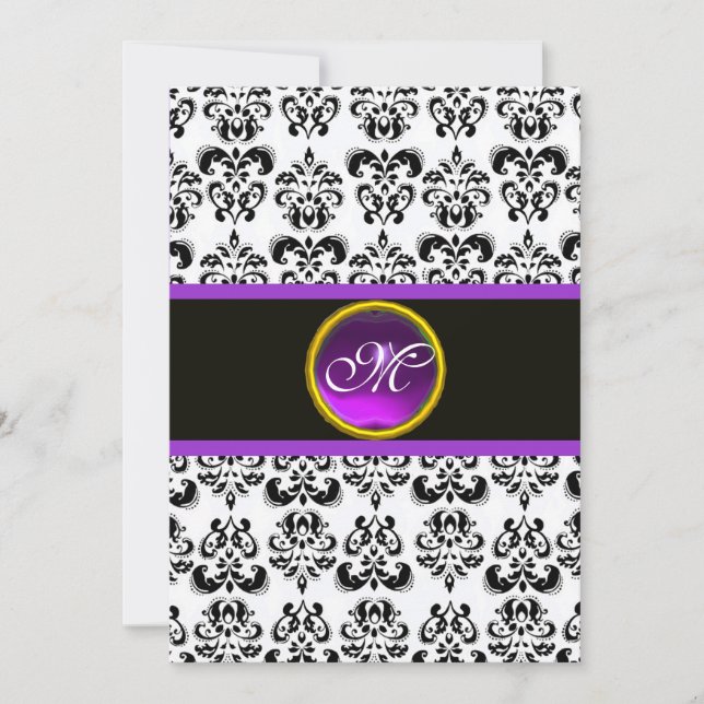 DAMASK PURPLE AMETHYST MONOGRAM,black and white Invitation (Front)