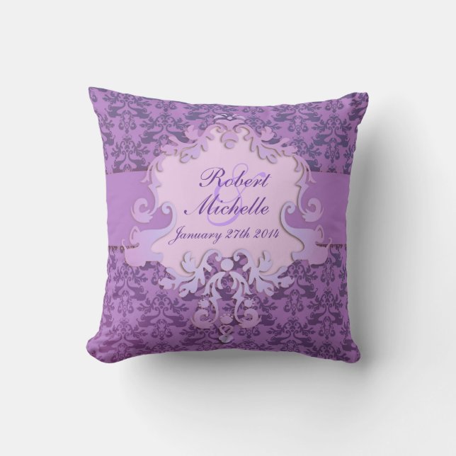 Damask purple commemorative wedding pillow (Front)