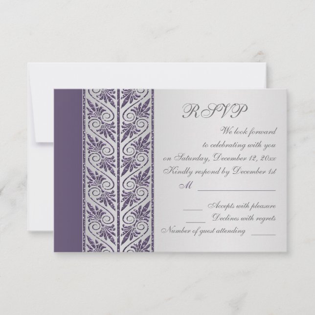 Damask purple on silver Wedding Anniversary RSVP (Front)