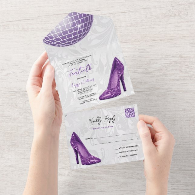 Damask, Purple Stilettos & Disco Ball 40th QR CODE All In One Invitation (Tearaway)