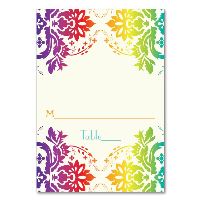 Damask rainbow wedding escort place card (Front)
