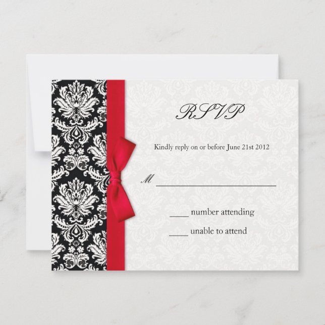 Damask Red Bow Wedding RSVP Card (Front)