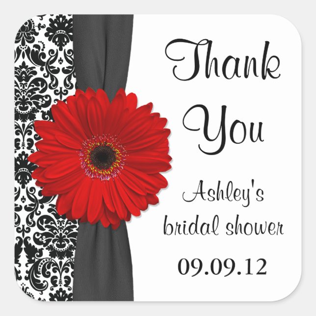 Damask Red Daisy Wedding Bridal Shower Thank You Square Sticker (Front)