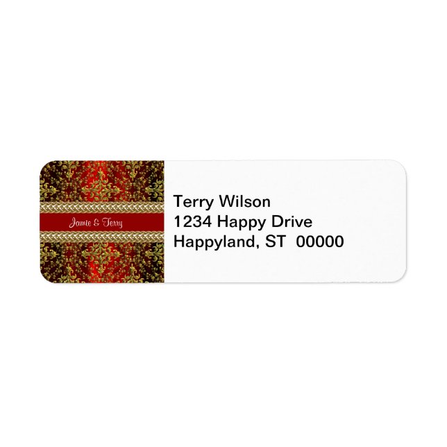 Damask Red Gold, Gold Chain Wedding Return Address Label (Front)