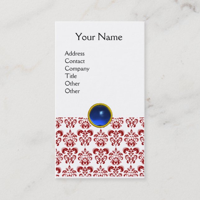 DAMASK RED MONOGRAM gem blue white Business Card (Front)