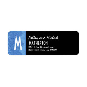 Damask Ribbon Modern Monogram Blue Black V003 Return Address Label