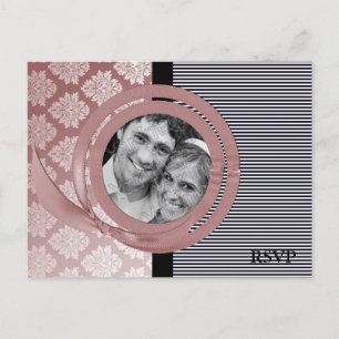 Damask Ribbon photoframe Wedding RSVP postcard