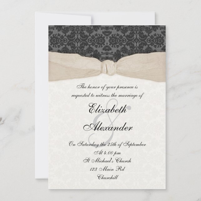 Damask Ribbon Wrapped Invitation - Champagne (Front)