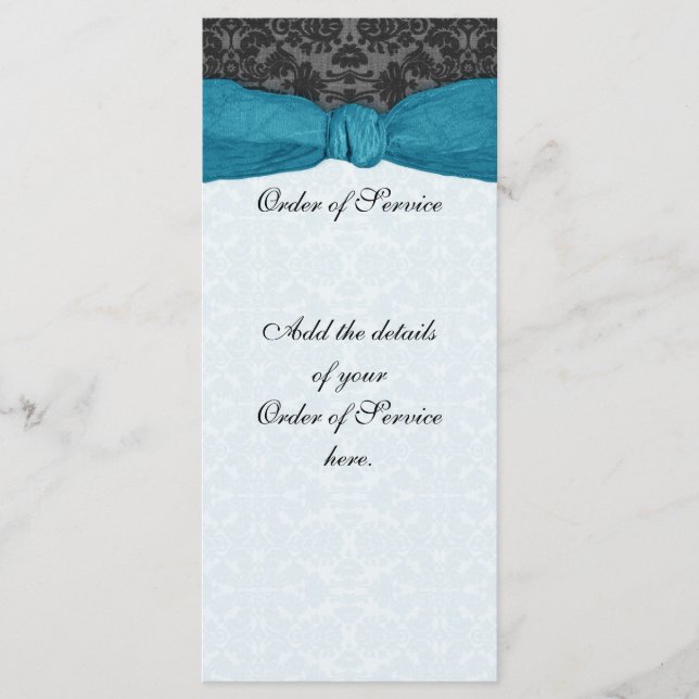 Damask Ribbon Wrapped Order of Service - Teal Program (Front)