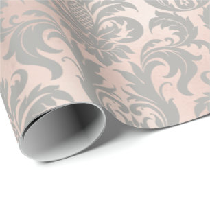 Damask Rose Gold Copper Grey Pastel Metallic Wrapping Paper