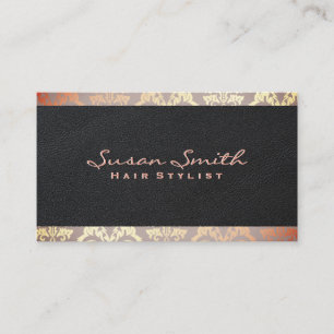 Damask Rose Gold Foil Accent   Elegant Leather Business Card