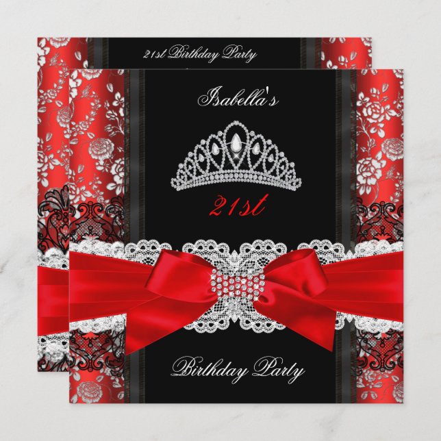 Damask Rose Red Black White Tiara Birthday Party Invitation (Front/Back)