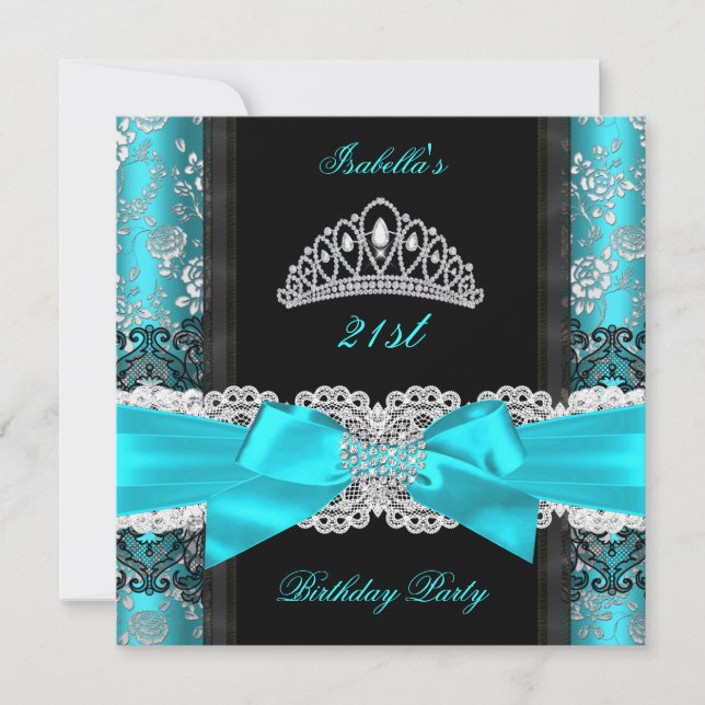 Damask Rose Teal Black White Tiara Birthday Party Invitation (Front)