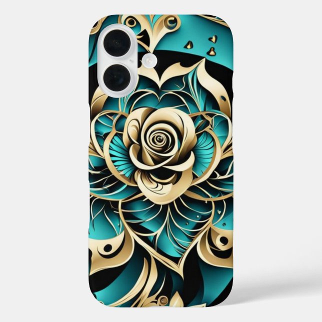 Damask Rose Teal, Gold and Black Case-Mate iPhone Case (Back)