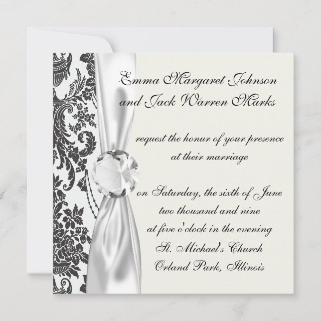 damask roses white and black invitation (Front)